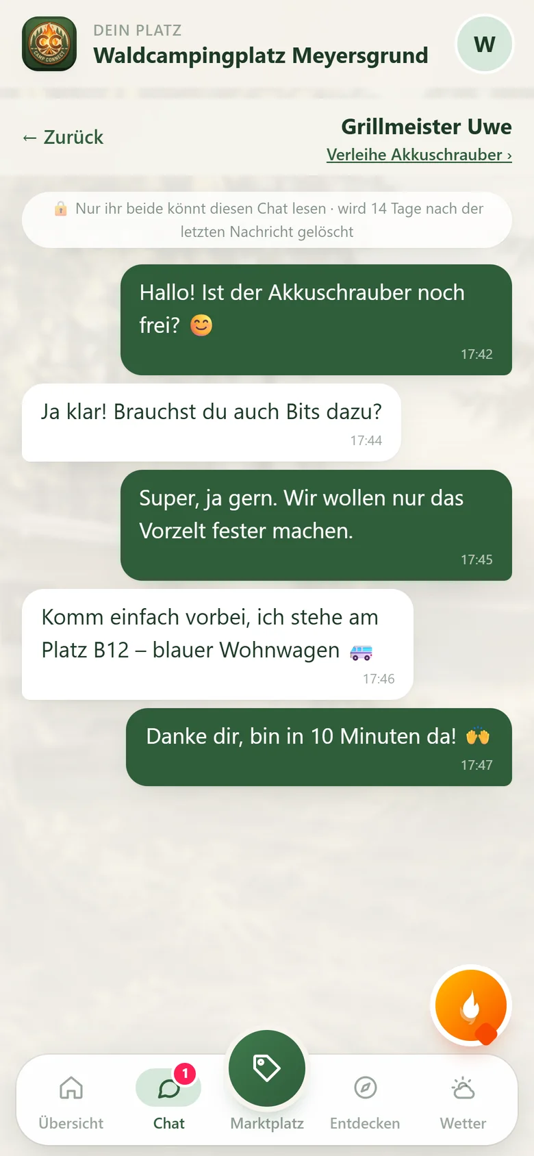 Chat zwischen zwei Campern zu einer Anzeige